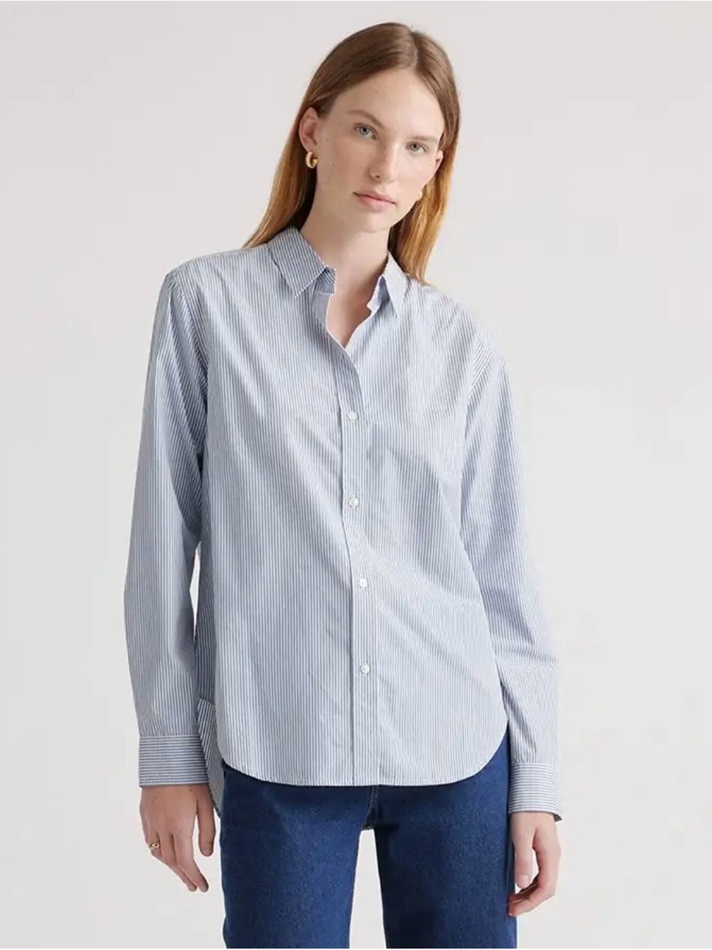 Quince Organic Cotton Button Down shirt Poplin Boyfriend Light Blue Stripe Sz L